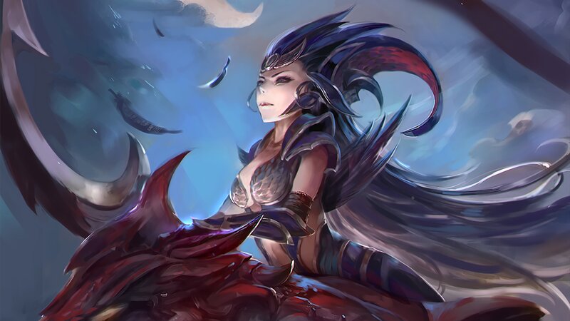 Female Warrior with Wings — Blue, Dramatic, Night, Digital Art, Armor, Moon