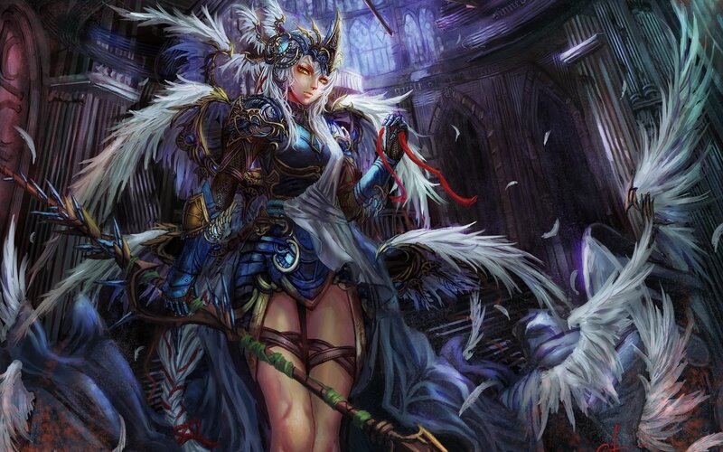 Female Warrior with Wings — Blue, Dramatic, Night, Digital Art, Armor, Spear