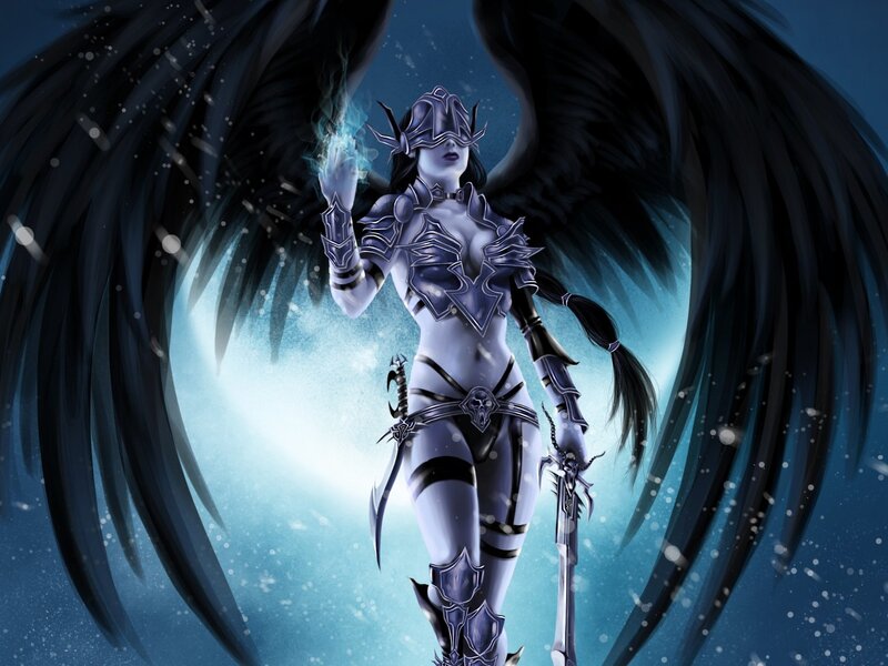 Female Warrior with Wings — Blue, Dramatic, Night, Digital Art, Armor, Sword