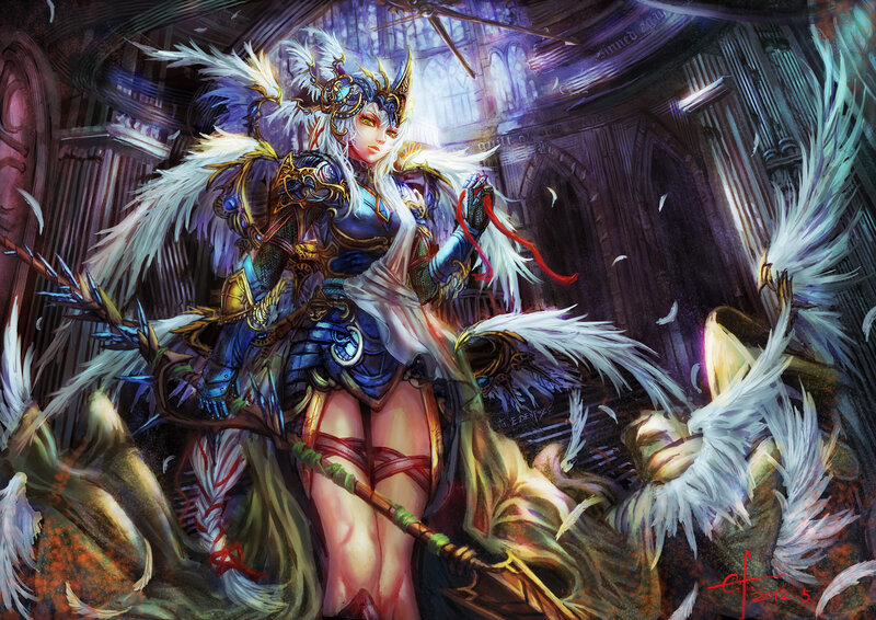 Female Warrior with Wings — Blue, Dramatic, Night, Digital Art, Armor