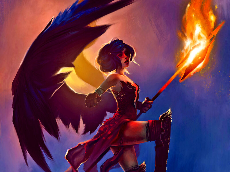 Female Warrior with Wings — Blue, Dramatic, Night, Digital Art, Flame