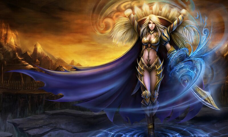 Female Warrior with Wings — Blue, Dramatic, Sunset