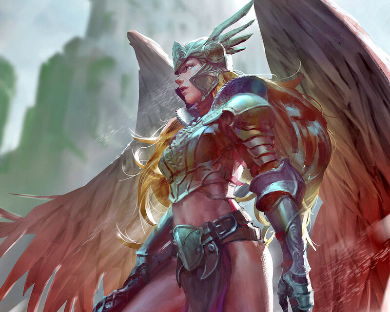 Female Warrior with Wings — Brown, Dramatic, Digital Art, Armor