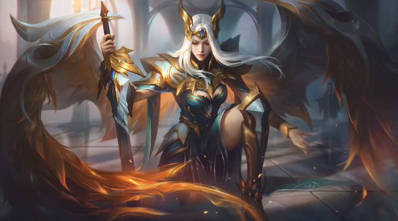 Female Warrior with Wings — Gold, Dramatic, Digital Art