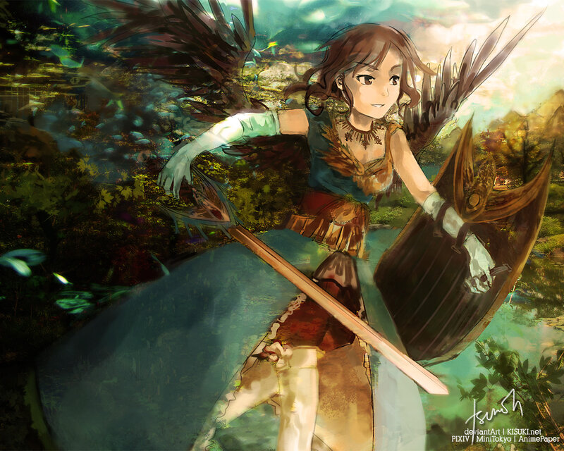 Female Warrior with Wings — Green, Dramatic, Afternoon, Digital Art