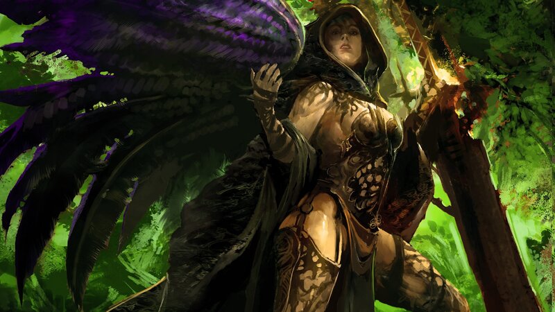 Female Warrior with Wings — Green, Dramatic, Digital Art, Forest