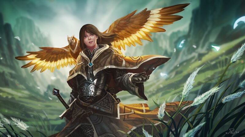 Female Warrior with Wings — Green, Dramatic, Digital Art, Owl