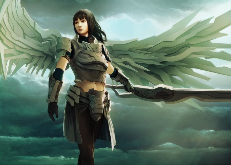 Female Warrior with Wings — Green, Dramatic, Digital Art