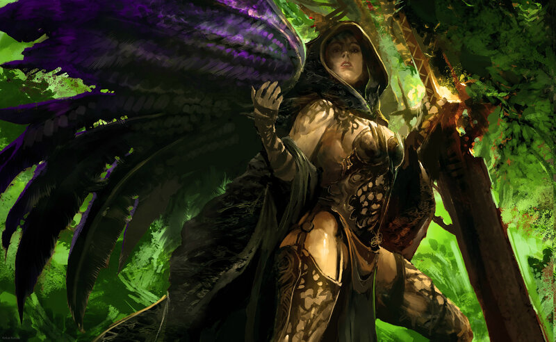 Female Warrior with Wings — Green, Dramatic