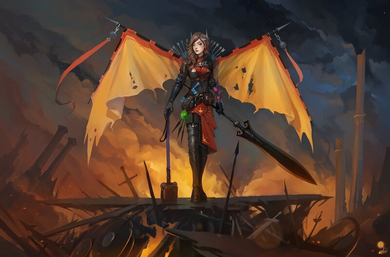 Female Warrior with Wings — Orange, Dramatic, Night