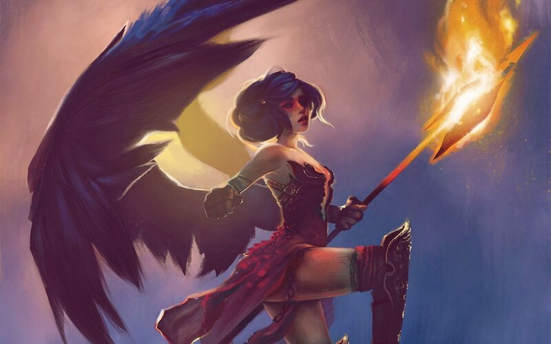 Female Warrior with Wings — Purple, Dramatic, Digital Art, Flame