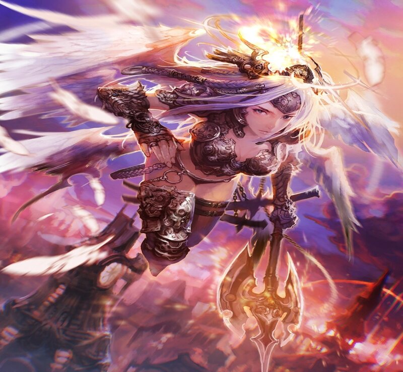 Female Warrior with Wings — Purple, Dramatic, Digital Art, Sword