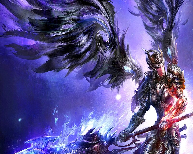 Female Warrior with Wings — Purple, Dramatic, Digital Art