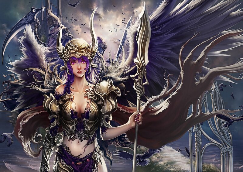 Female Warrior with Wings — Purple, Dramatic, Night, Digital Art, Spear