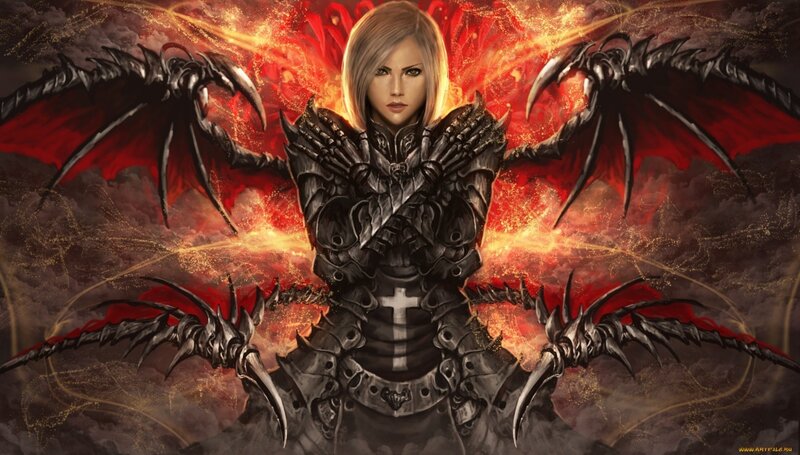 Female Warrior with Wings — Red, Dramatic, Digital Art, Armor, Cross