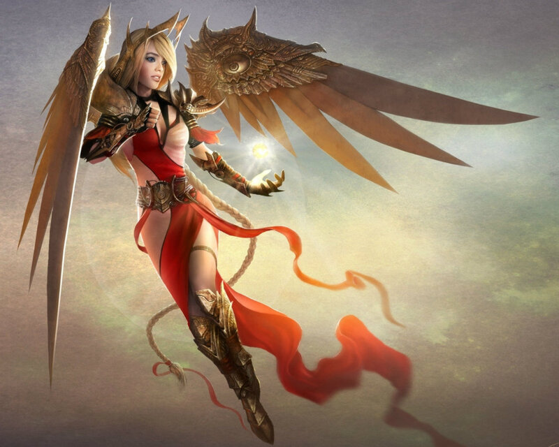 Female Warrior with Wings — Red, Dramatic, Digital Art, Armor, Red Dress