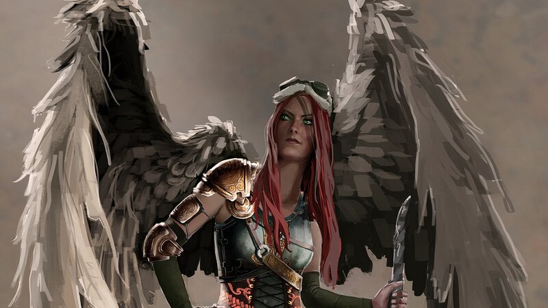 Female Warrior with Wings — Red, Dramatic, Digital Art, Armor, Sword