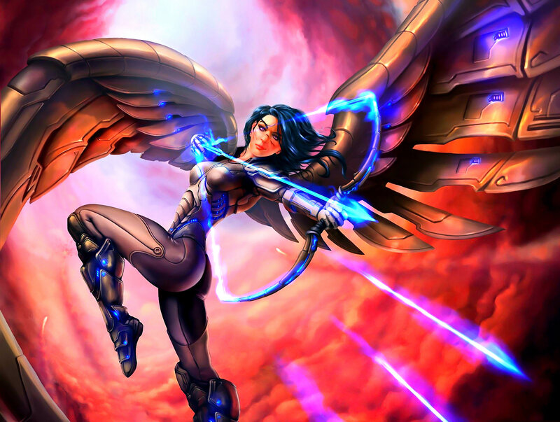 Female Warrior with Wings — Red, Dramatic, Digital Art, Energy Bow