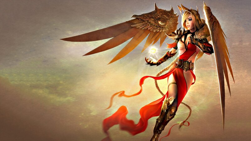 Female Warrior with Wings — Red, Dramatic, Digital Art, Red Cloth