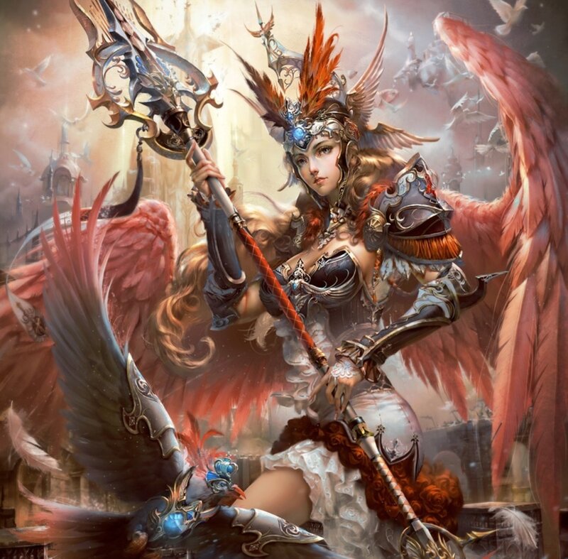 Female Warrior with Wings — Red, Dramatic, Digital Art, Spear