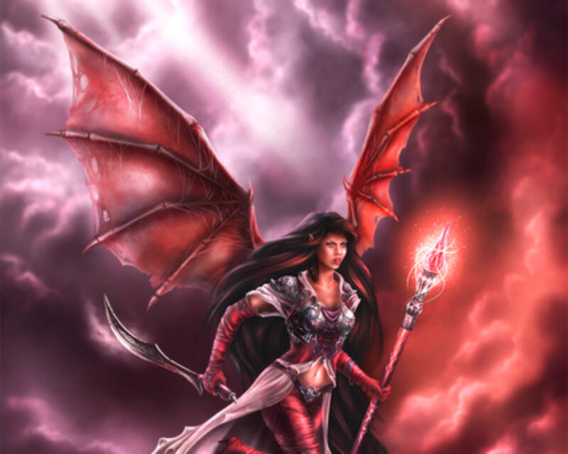 Female Warrior with Wings — Red, Dramatic, Digital Art, Staff
