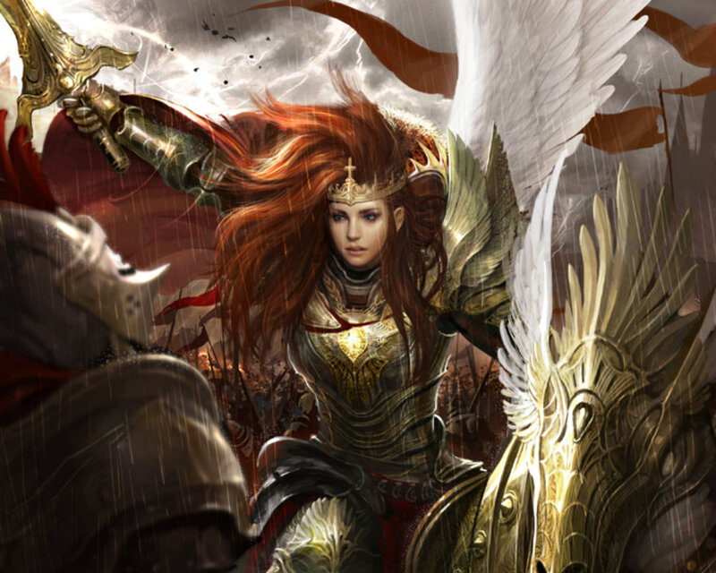 Female Warrior with Wings — Red, Dramatic, Digital Art, Sword, Armor