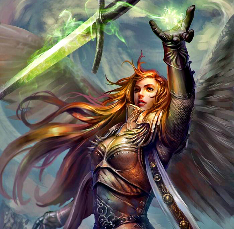 Female Warrior with Wings — Red, Dramatic, Digital Art, Sword, Magic