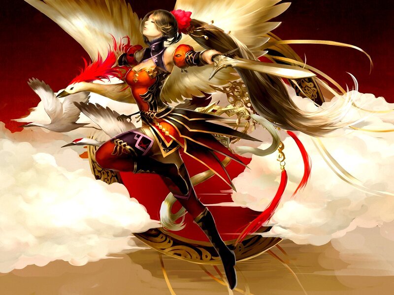 Female Warrior with Wings — Red, Dramatic, Digital Art, Sword