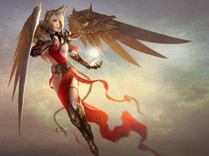 Female Warrior with Wings — Red, Dramatic, Sunset, Digital Art, Armor