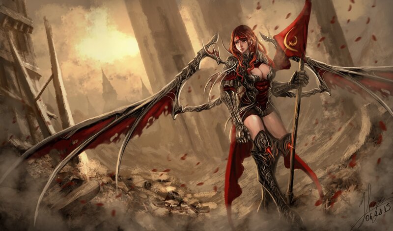 Female Warrior with Wings — Red, Dramatic, Sunset, Digital Art, Flag