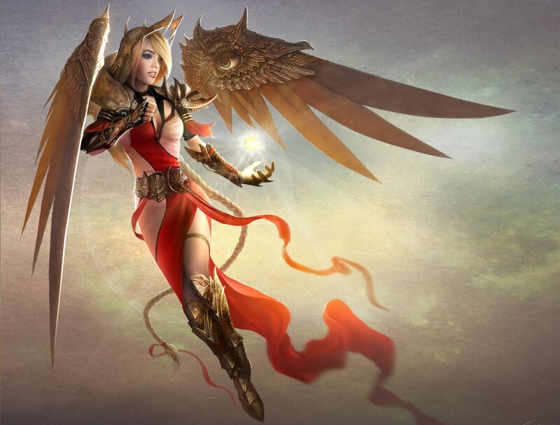 Female Warrior with Wings — Red, Dramatic, Sunset, Digital Art, Red Dress