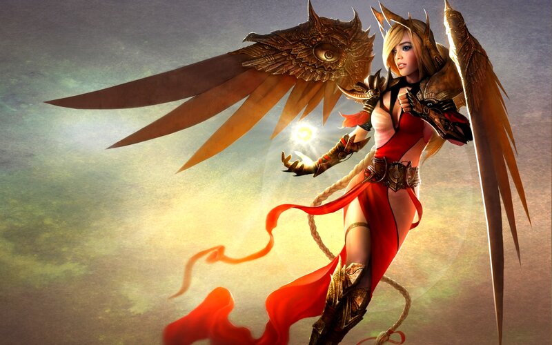 Female Warrior with Wings — Red, Dramatic, Sunset, Digital Art