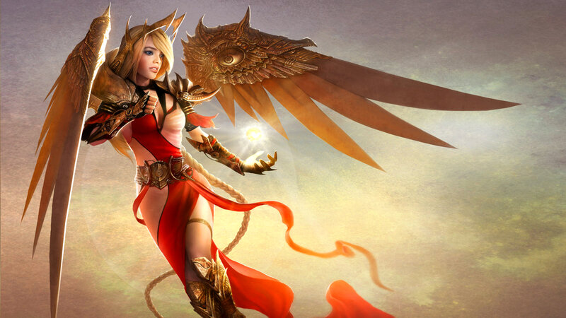 Female Warrior with Wings — Red, Dramatic, Sunset