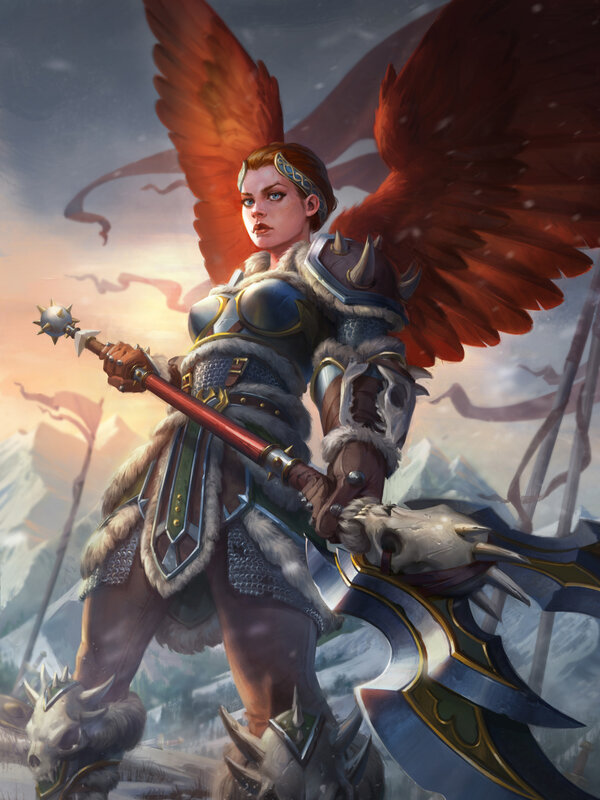 Female Warrior with Wings — Red, Dramatic, Winter