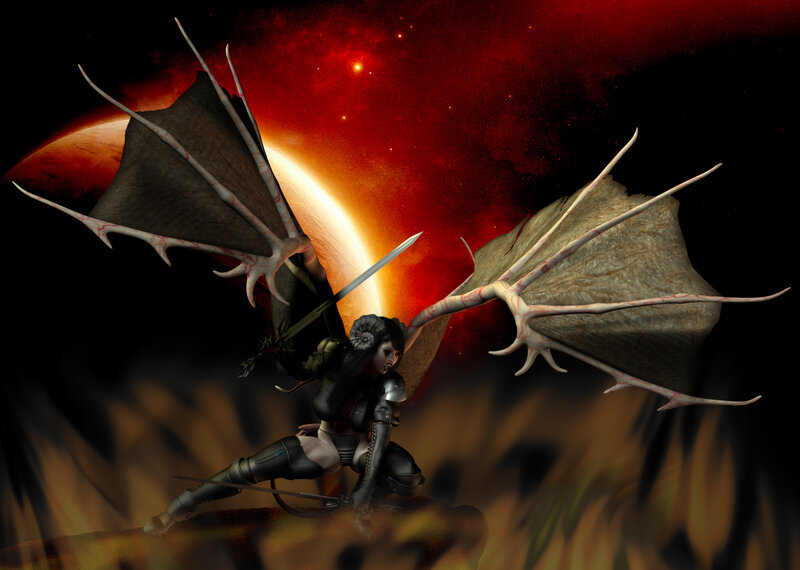 Female Warrior with Wings — Red