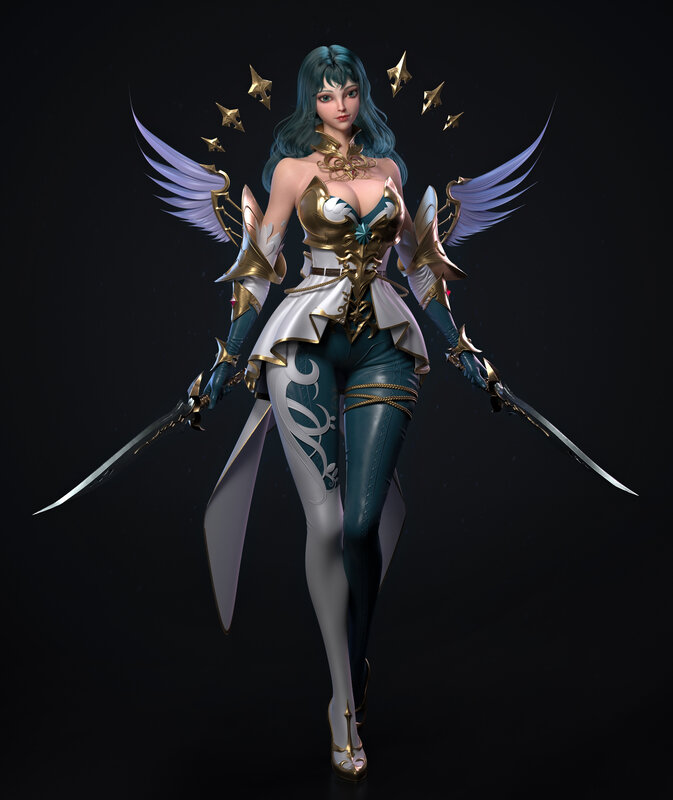 Female Warrior with Wings — White, Dramatic, 3d Render, Swords