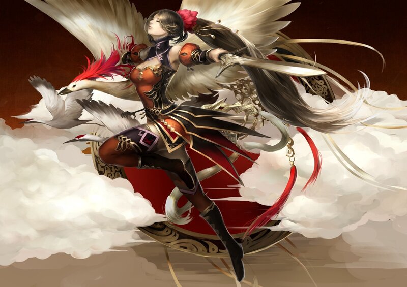 Female Warrior with Wings — White, Dramatic, Digital Art, Sword, Clouds, Birds