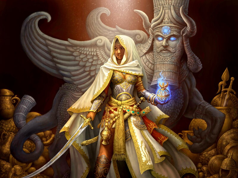 Female Warrior with Wings — White, Dramatic, Digital Art, Sword, Statue