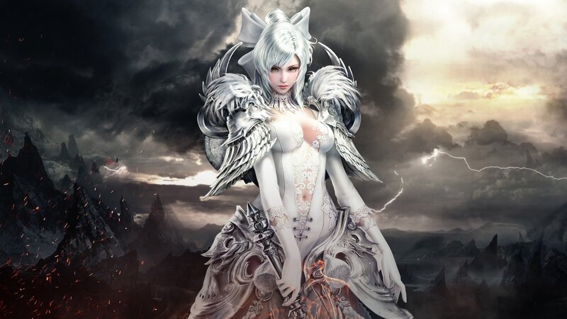 Female Warrior with Wings — White, Dramatic, Sunset