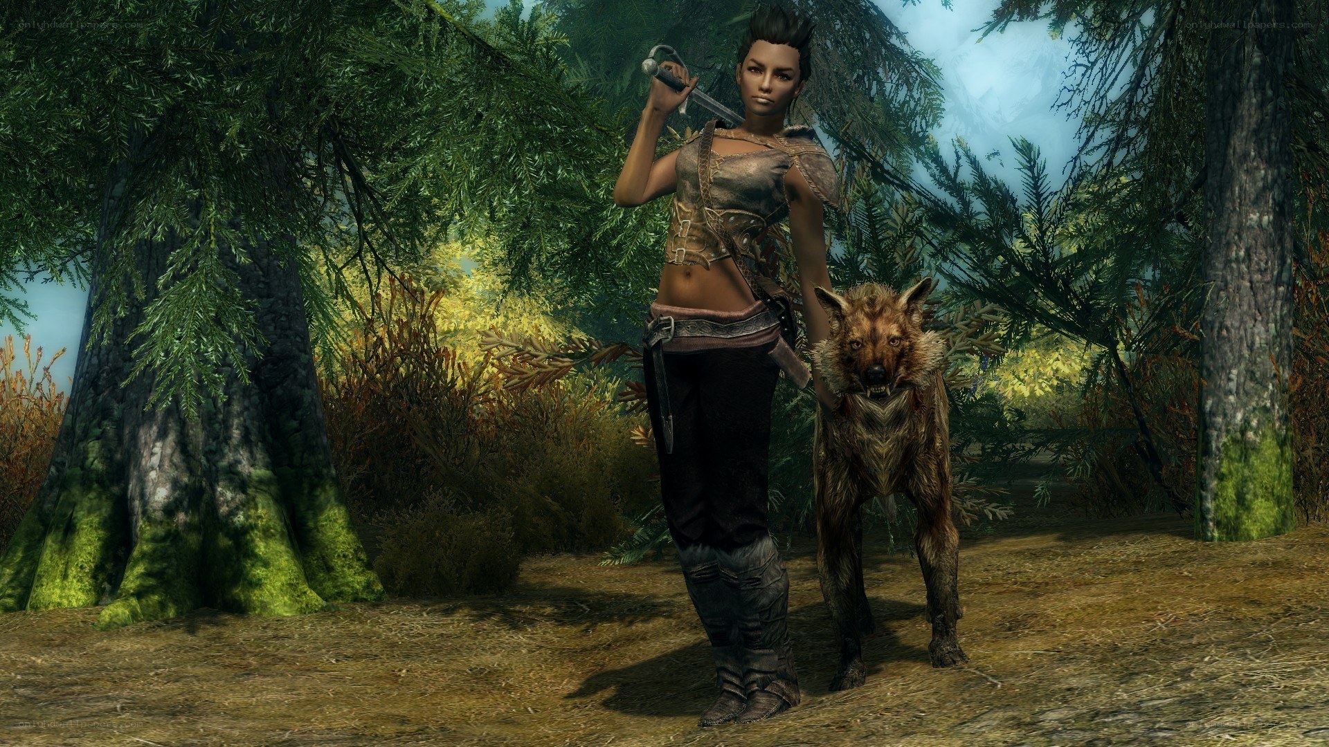female warrior with wolf companion