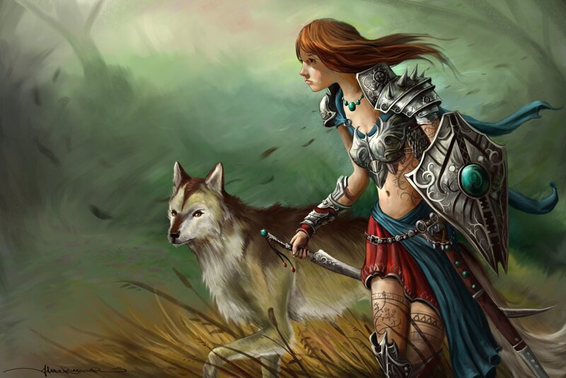 Female Warrior with Wolf — Green