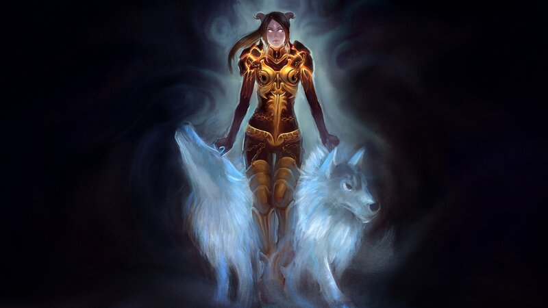 Female Warrior with Wolves — Black, Dramatic, Night