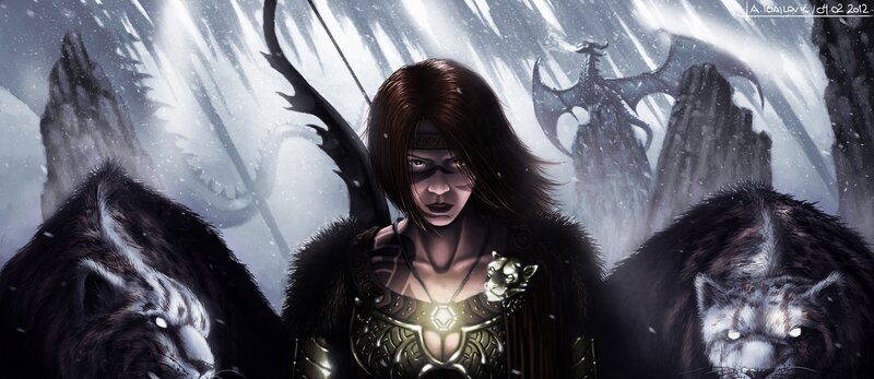 Female Warrior with Wolves — Black, Dramatic