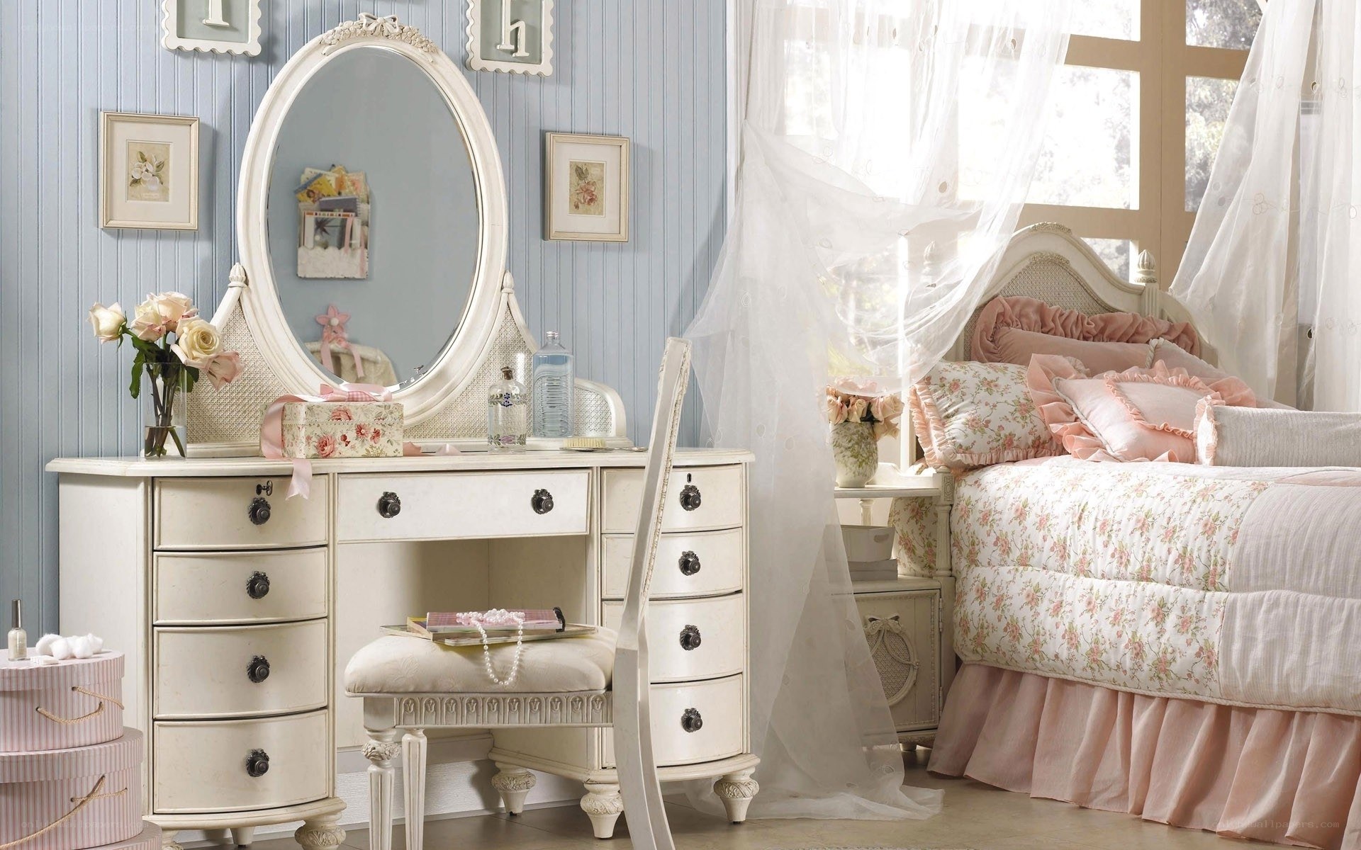 feminine bedroom with vanity