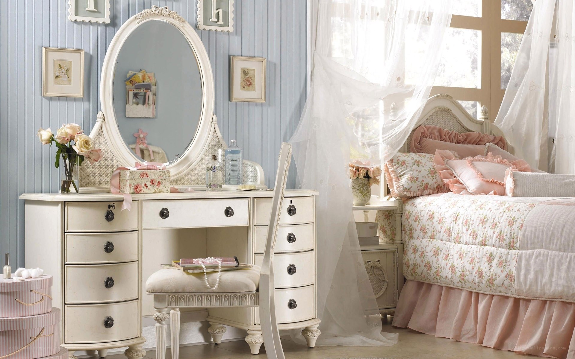 feminine bedroom with vanity