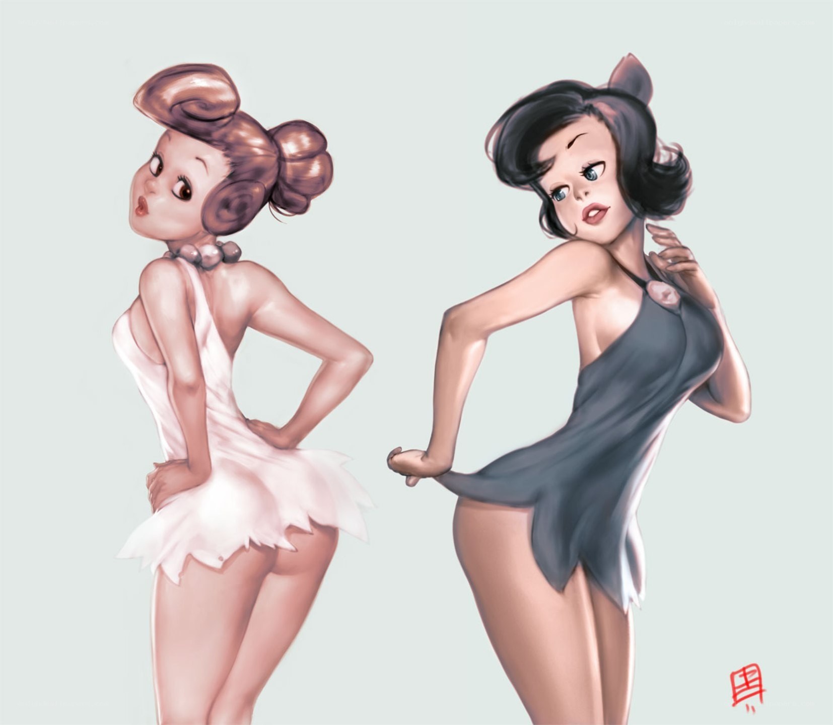 Feminine characters in stylized outfits