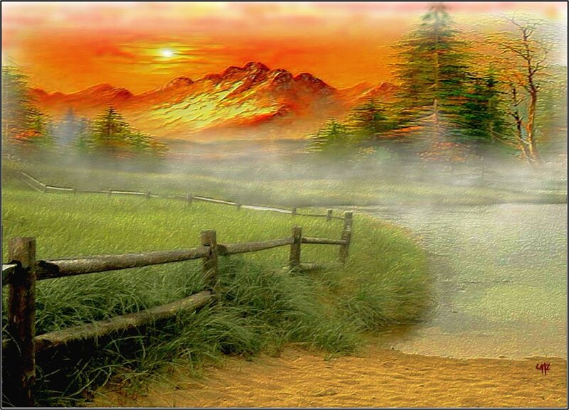 Fenced Field at Sunrise — Orange
