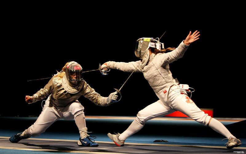 Fencing match in action