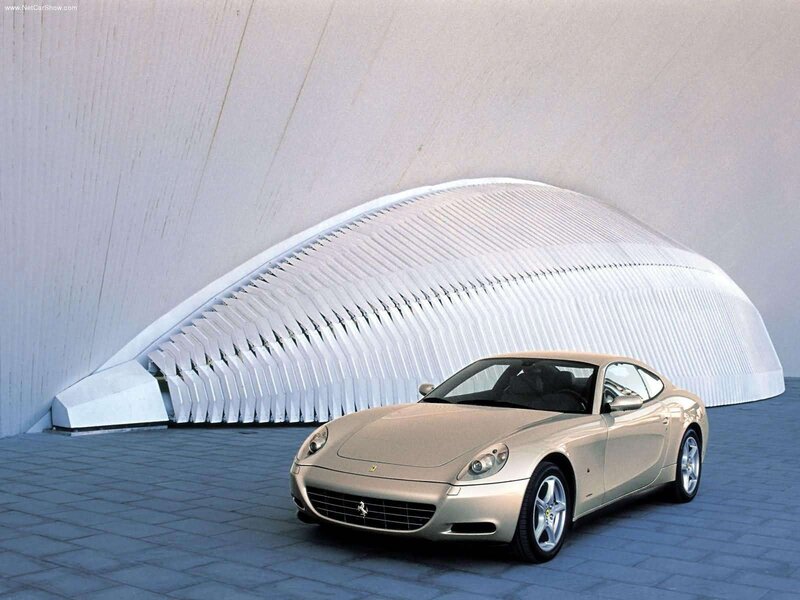 Ferrari 575M in front of modern structure