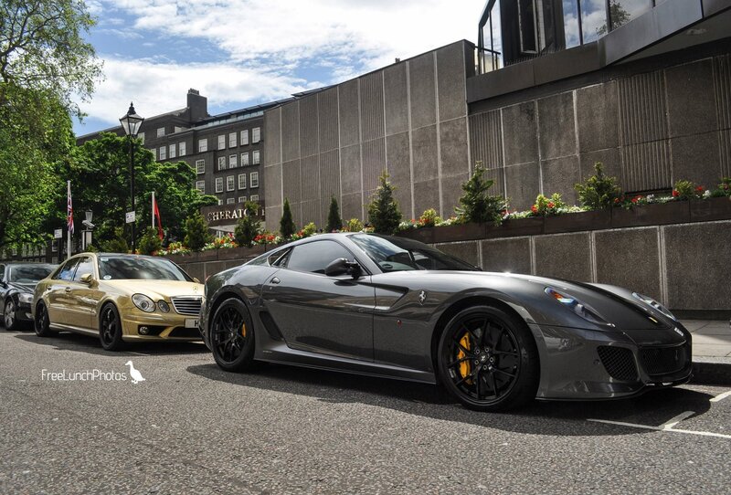 Ferrari and Mercedes on a city street